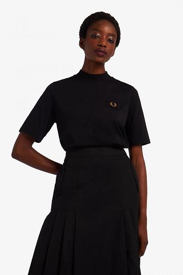 Black Fred Perry High Neck Badge Detail Women's T Shirts | PH 2035RVDW